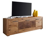 TV-Element aus Holz mit natürlicher Maserung, frontal abgebildet, dekoriert mit gelben Vasen und Kopfhörern.