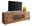Landscape TV-Lowboard MERAN TV-Element aus Holz mit natürlicher Maserung, frontal abgebildet, dekoriert mit gelben Vasen und Kopfhörern.