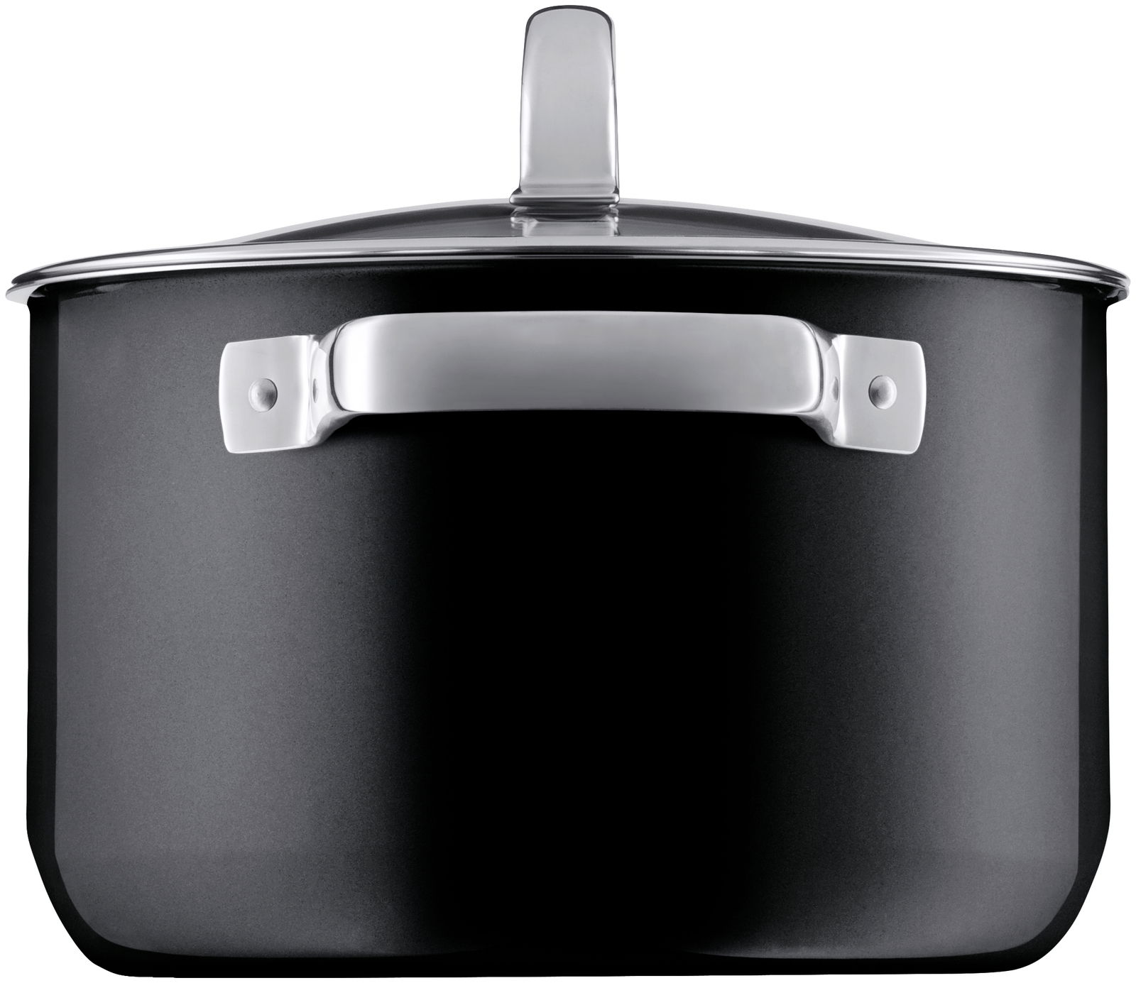 Frontansicht eines schwarzen Topfes mit silbernem Griff und Glasdeckel, Teil des WMF Mineral Topf-Sets, 4-teilig, Rose Quartz FUSIONTEC