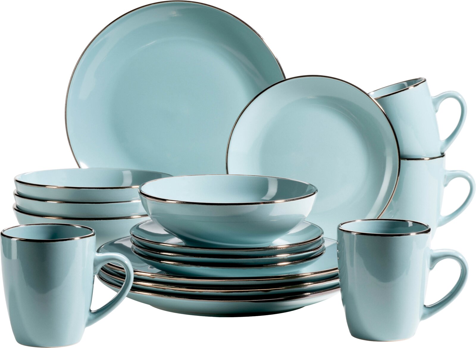 Mäser Kombiset 16-tlg. METALLIC RIM Türkises Keramik-Geschirrset mit Tellern, Schalen und Tassen mit schmalem dunklem Rand, freigestellt vor weißem Hintergrund, Perspektive: leicht frontal mit minimaler Draufsicht.