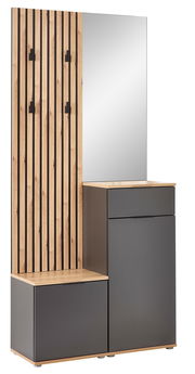 Kompaktgarderobe mit Holz- und Metallelementen, Spiegel und Stauraum, seitliche Perspektive