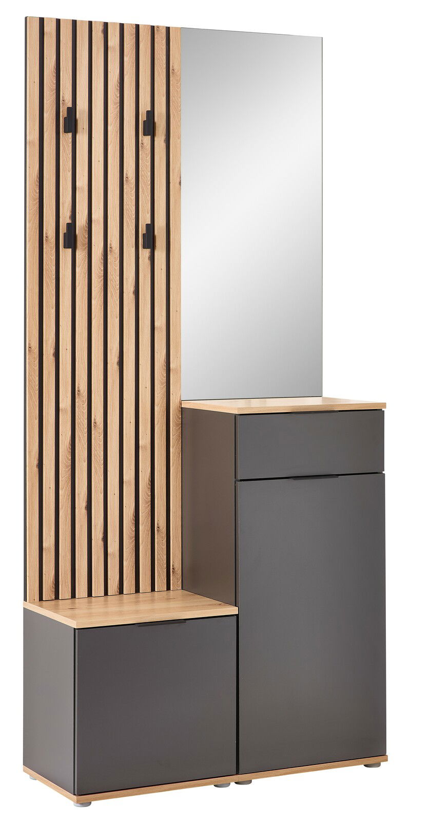 Kompaktgarderobe mit Holz- und Metallelementen, Spiegel und Stauraum, seitliche Perspektive