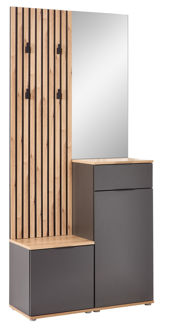 Kompaktgarderobe mit Holz- und Metallelementen, Spiegel und Stauraum, seitliche Perspektive