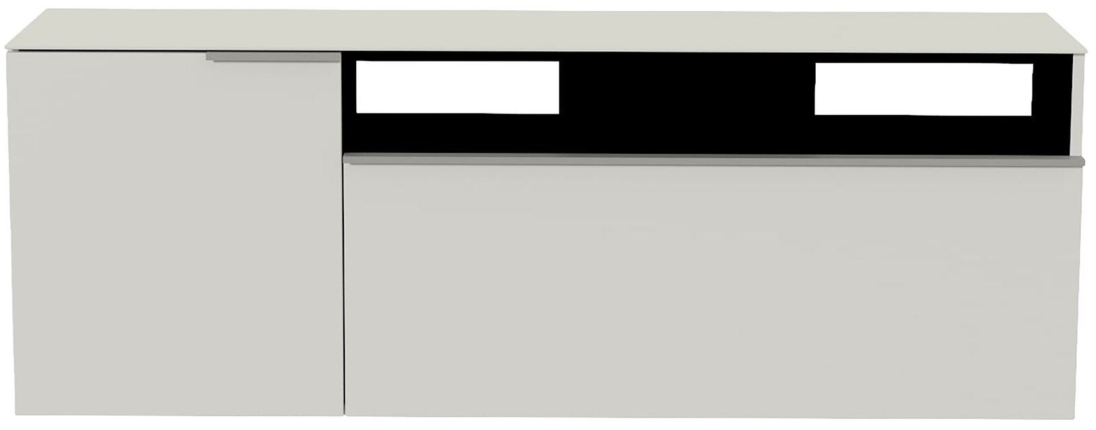 Hänge-Lowboard in moderner, minimalistischer Optik, frontal betrachtet, mit zwei Türen und einem offenen Fach.