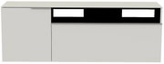 Hänge-Lowboard in moderner, minimalistischer Optik, frontal betrachtet, mit zwei Türen und einem offenen Fach.