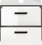 Weißer Badezimmer-Waschtischunterschrank mit zwei Auszügen und schwarzen Griffleisten, frontal von vorn in leichter Aufsicht dargestellt