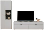Moderne Wandkombination mit weißem Schrank und TV-Board, frontal betrachtet.