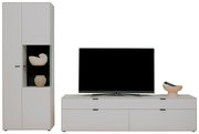 Moderne Wandkombination mit weißem Schrank und TV-Board, frontal betrachtet.
