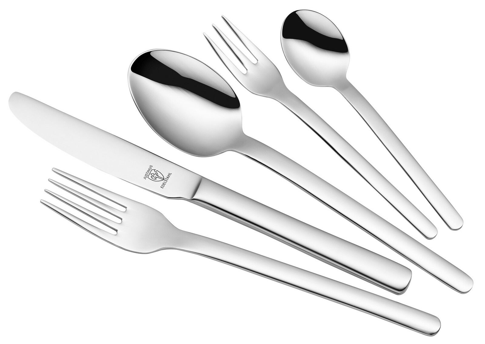 Elegantes Besteckset Matrix 30-tlg. aus Edelstahl, bestehend aus Messer, Gabel, Löffel, Dessertgabel und Teelöffel, in schräger Draufsicht.