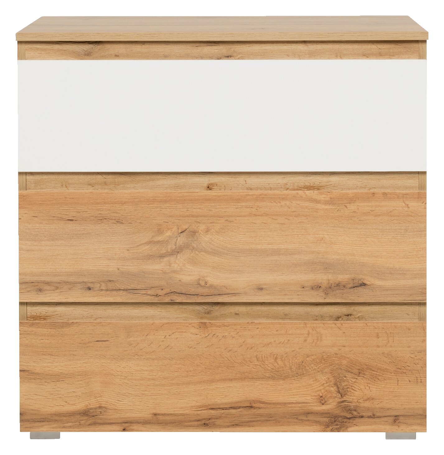 Houten ladekast met witte accenten, vooraanzicht