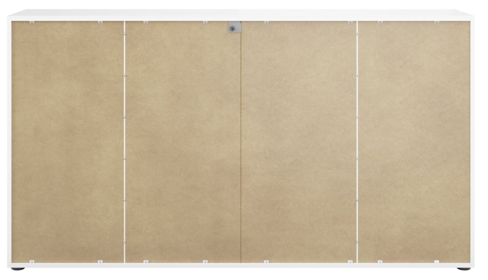 Rückansicht eines XL-Sideboards mit weißem Rahmen und naturbelassener Rückwand.
