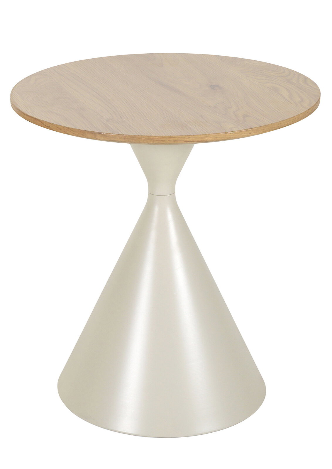 Runder Beistelltisch mit heller Holzplatte und konischem, weißem Sockelgestell, freigestellt auf weißem Hintergrund, Ansicht leicht von oben (Frontansicht).