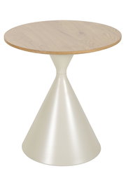 Runder Beistelltisch mit heller Holzplatte und konischem, weißem Sockelgestell, freigestellt auf weißem Hintergrund, Ansicht leicht von oben (Frontansicht).
