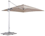 Seitliche Ansicht eines beigen Ampelschirms mit stabilem Standfuß und verstellbarem Arm.