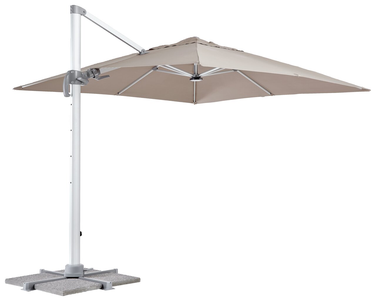 Ambia Garden Ampelschirm BIG ROMA Seitliche Ansicht eines beigen Ampelschirms mit stabilem Standfuß und verstellbarem Arm.