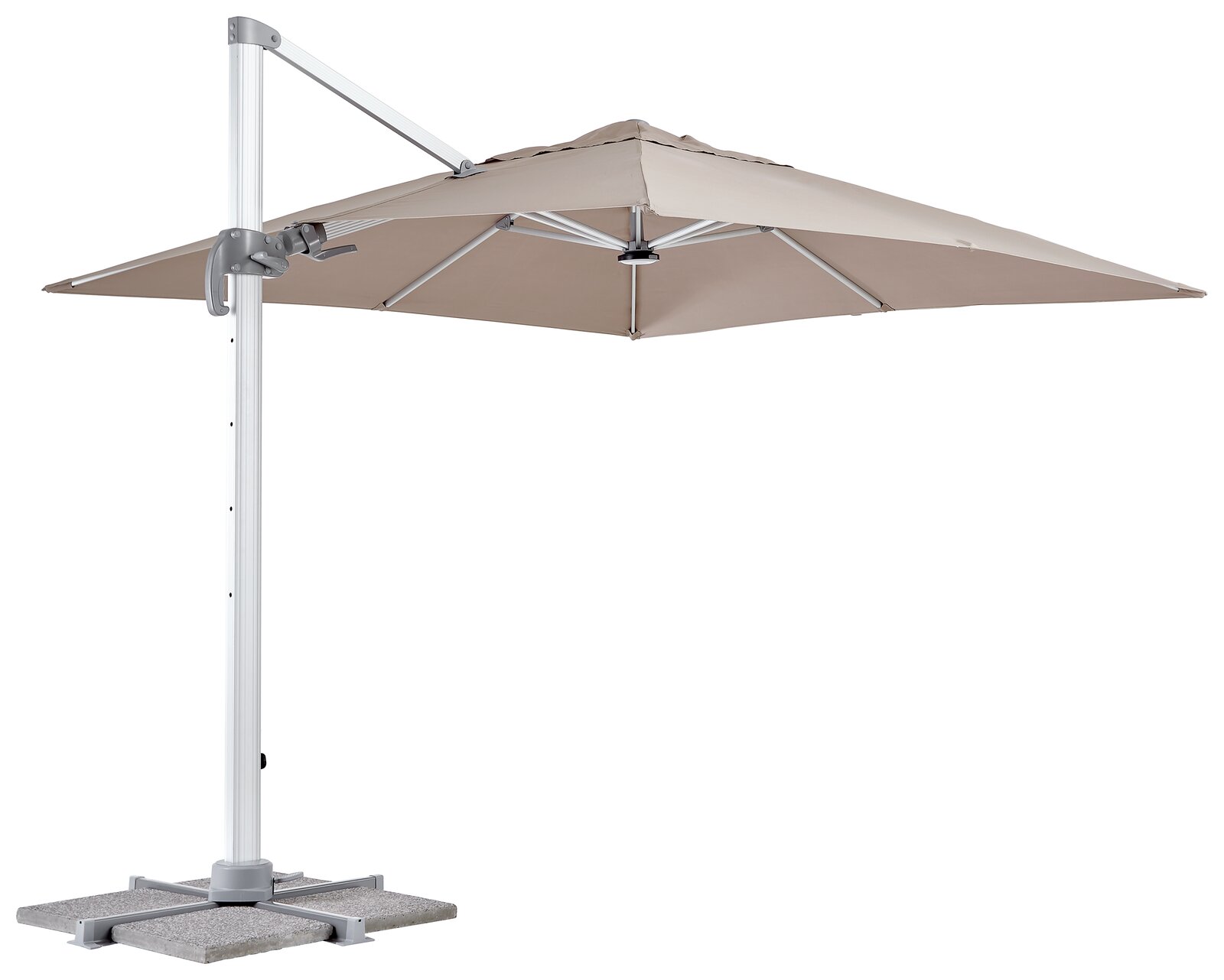 Seitliche Ansicht eines beigen Ampelschirms mit stabilem Standfuß und verstellbarem Arm.