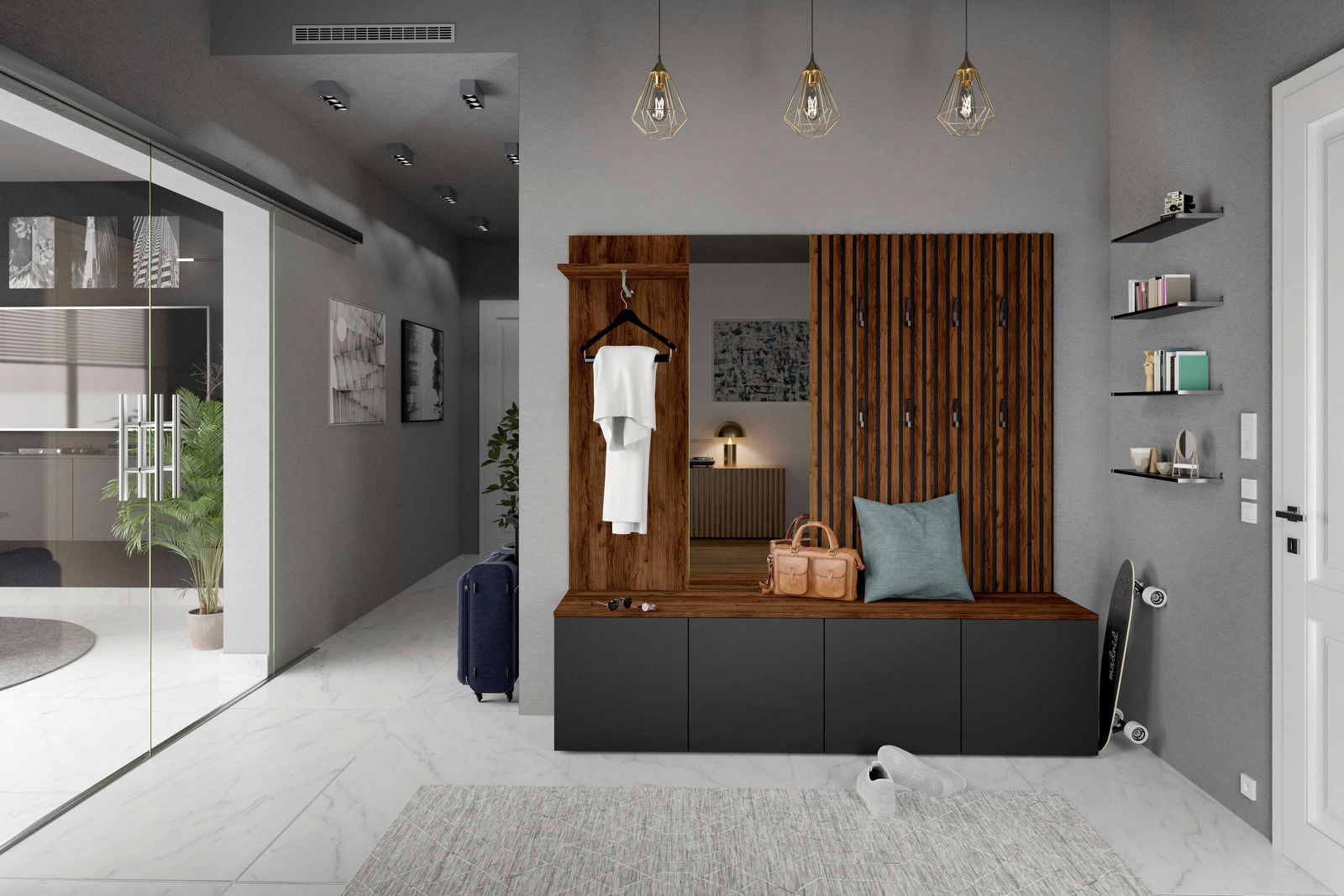 Moderner Eingangsbereich mit einem Dekopaneel 4er-Set in Holzoptik, bestehend aus einer Sitzbank mit Stauraum, Kleiderhaken und dekorativen Elementen. Perspektive von vorne.