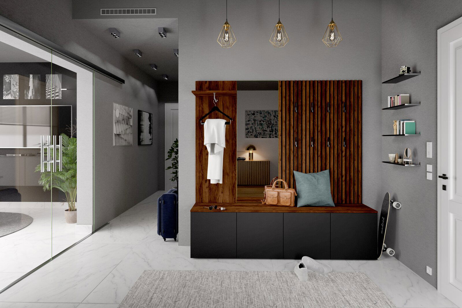 Moderner Eingangsbereich mit einem Dekopaneel 4er-Set in Holzoptik, bestehend aus einer Sitzbank mit Stauraum, Kleiderhaken und dekorativen Elementen. Perspektive von vorne.