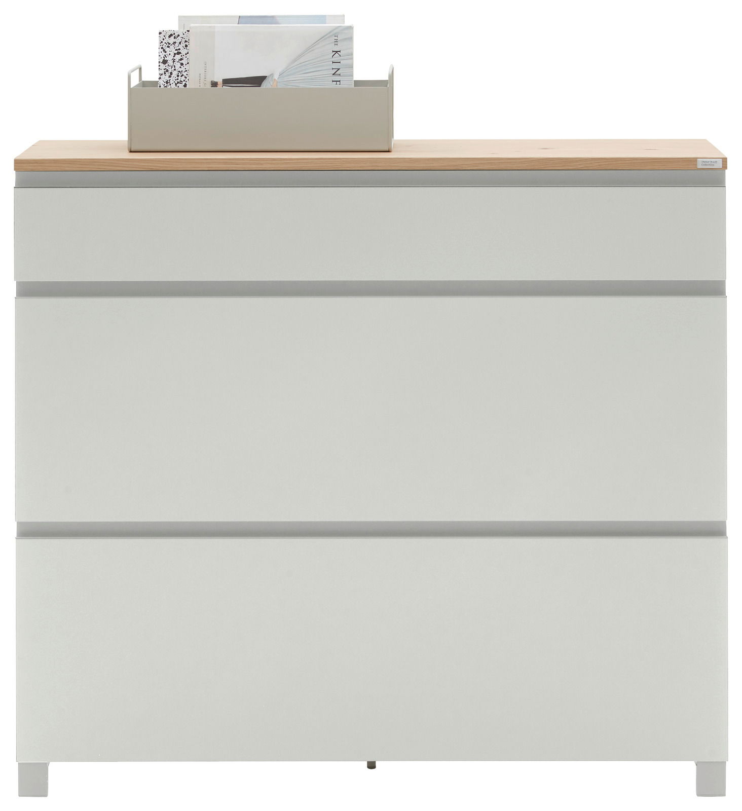 Dieter Knoll Schuhschrank SORRENT Moderner Schuhschrank in Weiß mit Holzoberfläche, frontal fotografiert, mit einem Aufbewahrungsbehälter für Zeitschriften oben.