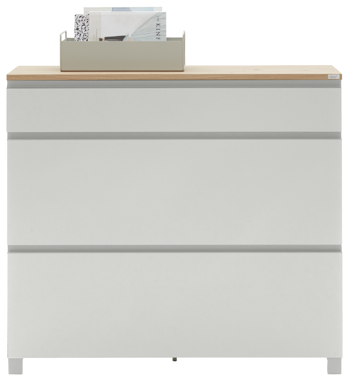 Dieter Knoll Schuhschrank SORRENT Moderner Schuhschrank in Weiß mit Holzoberfläche, frontal fotografiert, mit einem Aufbewahrungsbehälter für Zeitschriften oben.