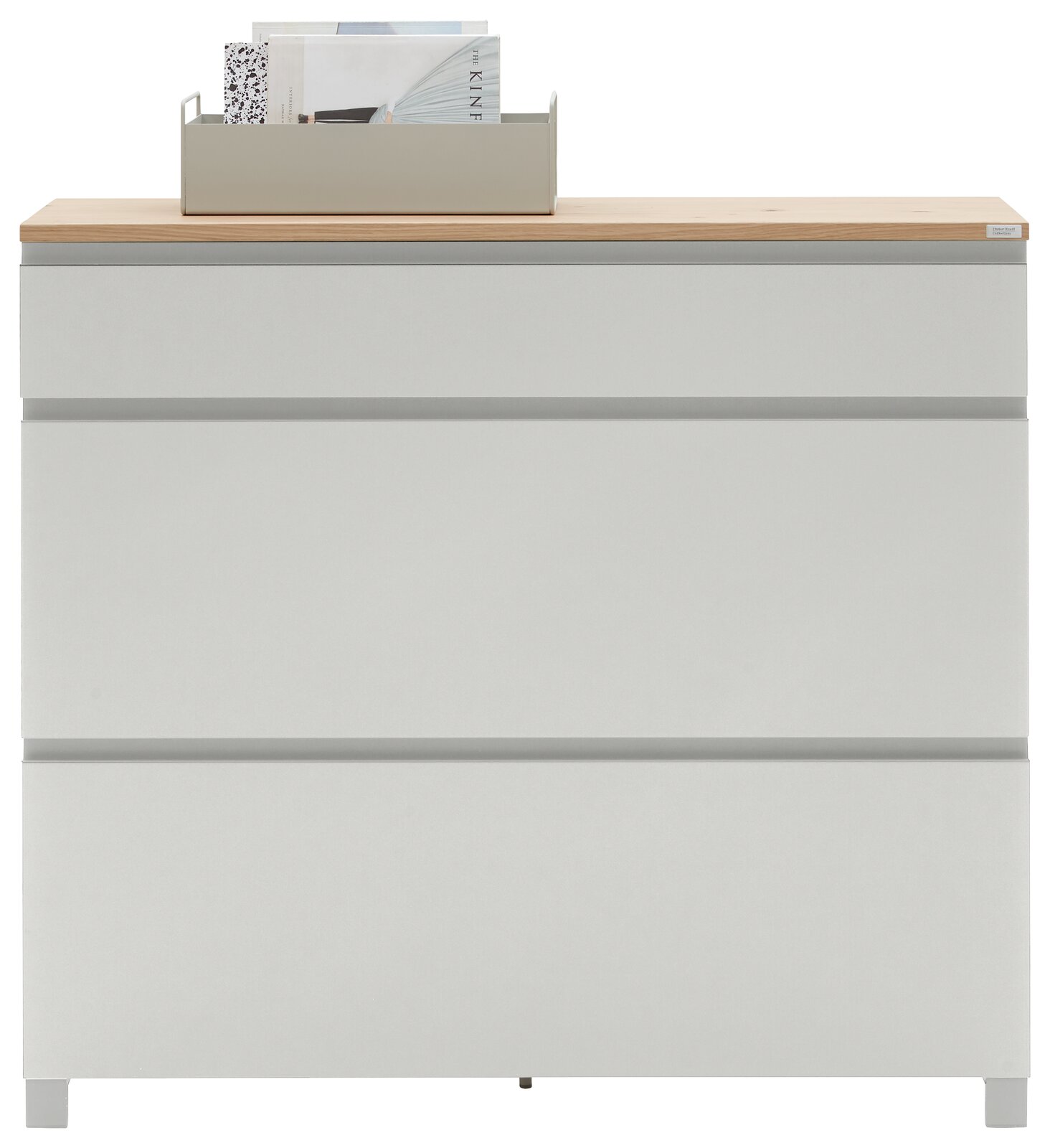 Dieter Knoll Schuhschrank SORRENT Moderner Schuhschrank in Weiß mit Holzoberfläche, frontal fotografiert, mit einem Aufbewahrungsbehälter für Zeitschriften oben.