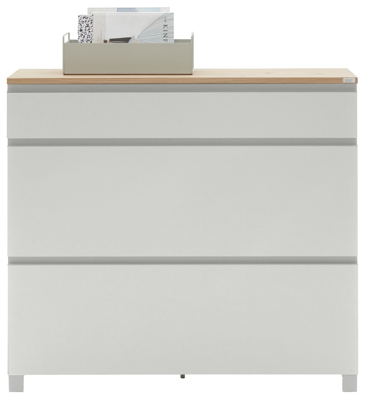 Dieter Knoll Schuhschrank SORRENT Moderner Schuhschrank in Weiß mit Holzoberfläche, frontal fotografiert, mit einem Aufbewahrungsbehälter für Zeitschriften oben.