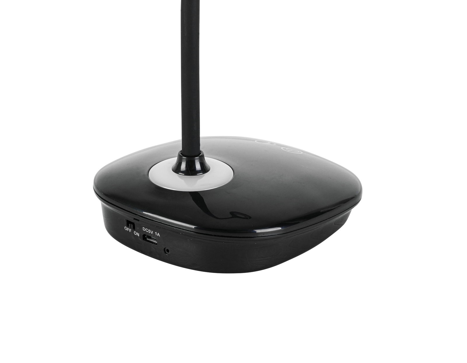 Schwarze LED-Schreibtischleuchte, Nahaufnahme der Basis mit Schalter und USB-Anschluss, seitliche Perspektive