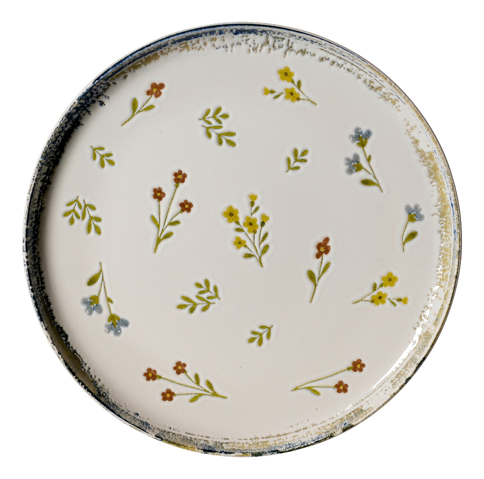 Runder cremeweißer Keramikteller mit zartem Streublumenmuster in Gelb, Blau und Braun sowie rustikalem blau-goldenem Rand, aus der Draufsicht