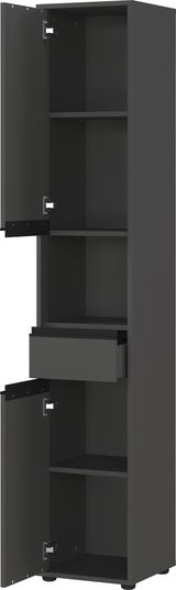 Hochschrank in dunklem Design mit offenen Türen und Schublade, seitliche Perspektive