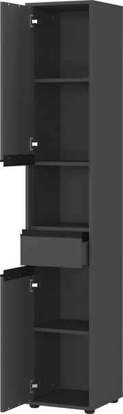 Hochschrank in dunklem Design mit offenen Türen und Schublade, seitliche Perspektive