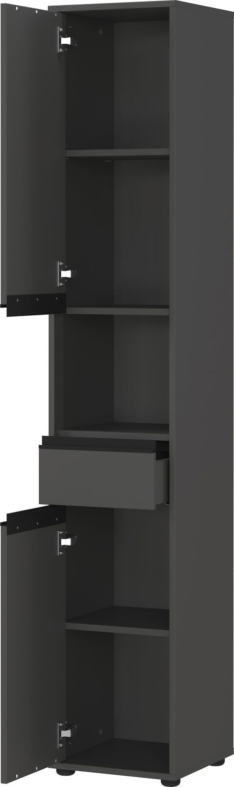 Hochschrank in dunklem Design mit offenen Türen und Schublade, seitliche Perspektive