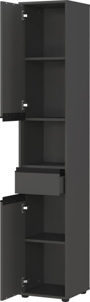 Hochschrank in dunklem Design mit offenen Türen und Schublade, seitliche Perspektive