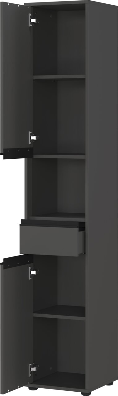 Hochschrank in dunklem Design mit offenen Türen und Schublade, seitliche Perspektive