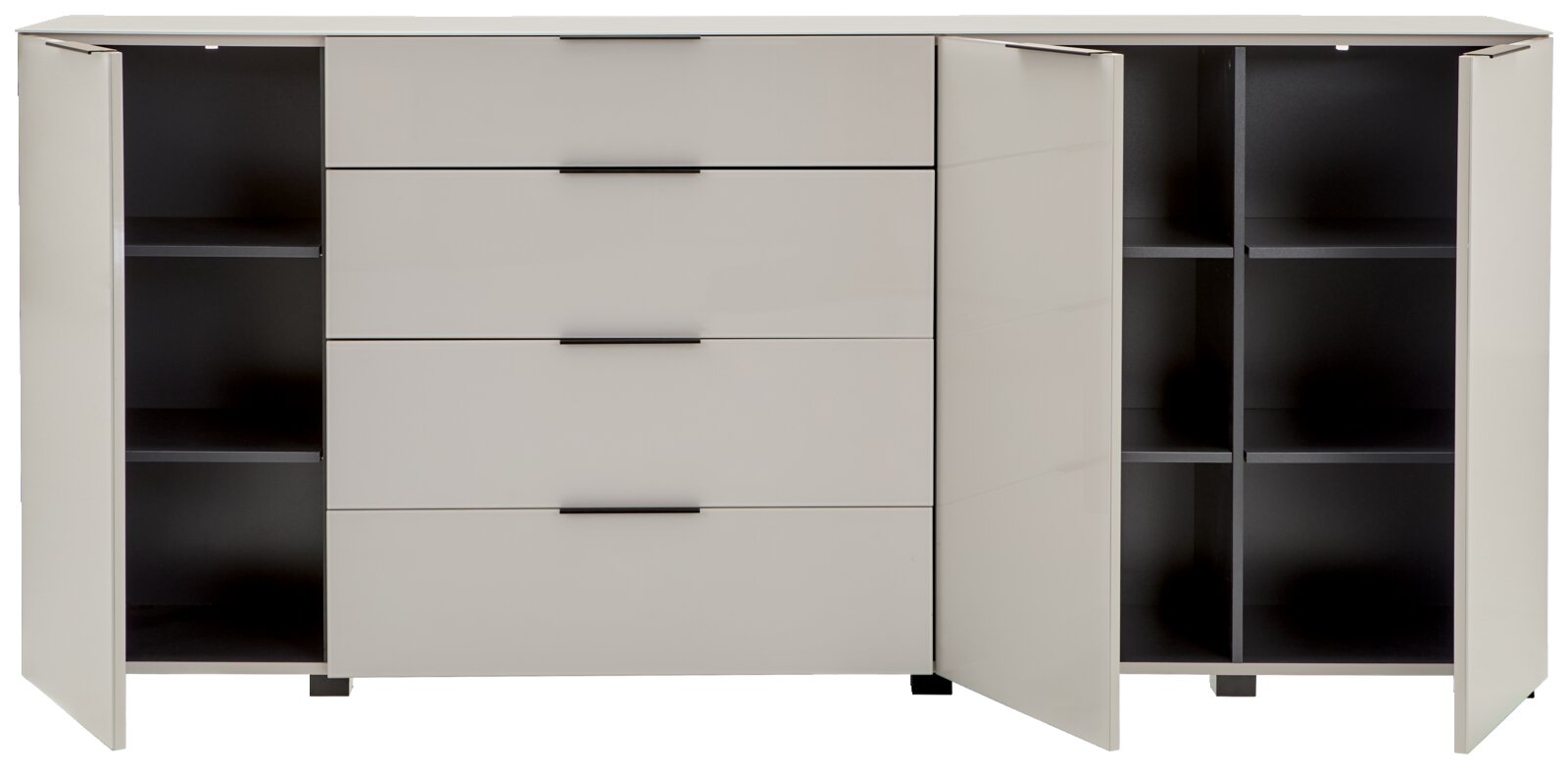 Frontansicht einer modernen hellgrauen Kommode/Sideboard mit vier mittigen Schubladen und beidseitig geöffneten Türen, innen dunkle Regalfächer und schwarze Griffleisten
