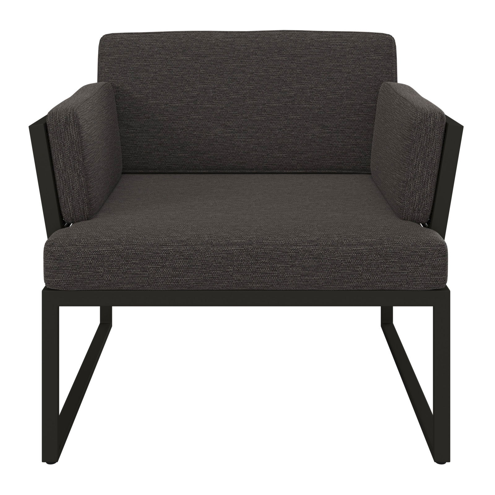 Frontansicht eines modernen Loungesessels mit dunklem Stoffbezug und Metallrahmen.