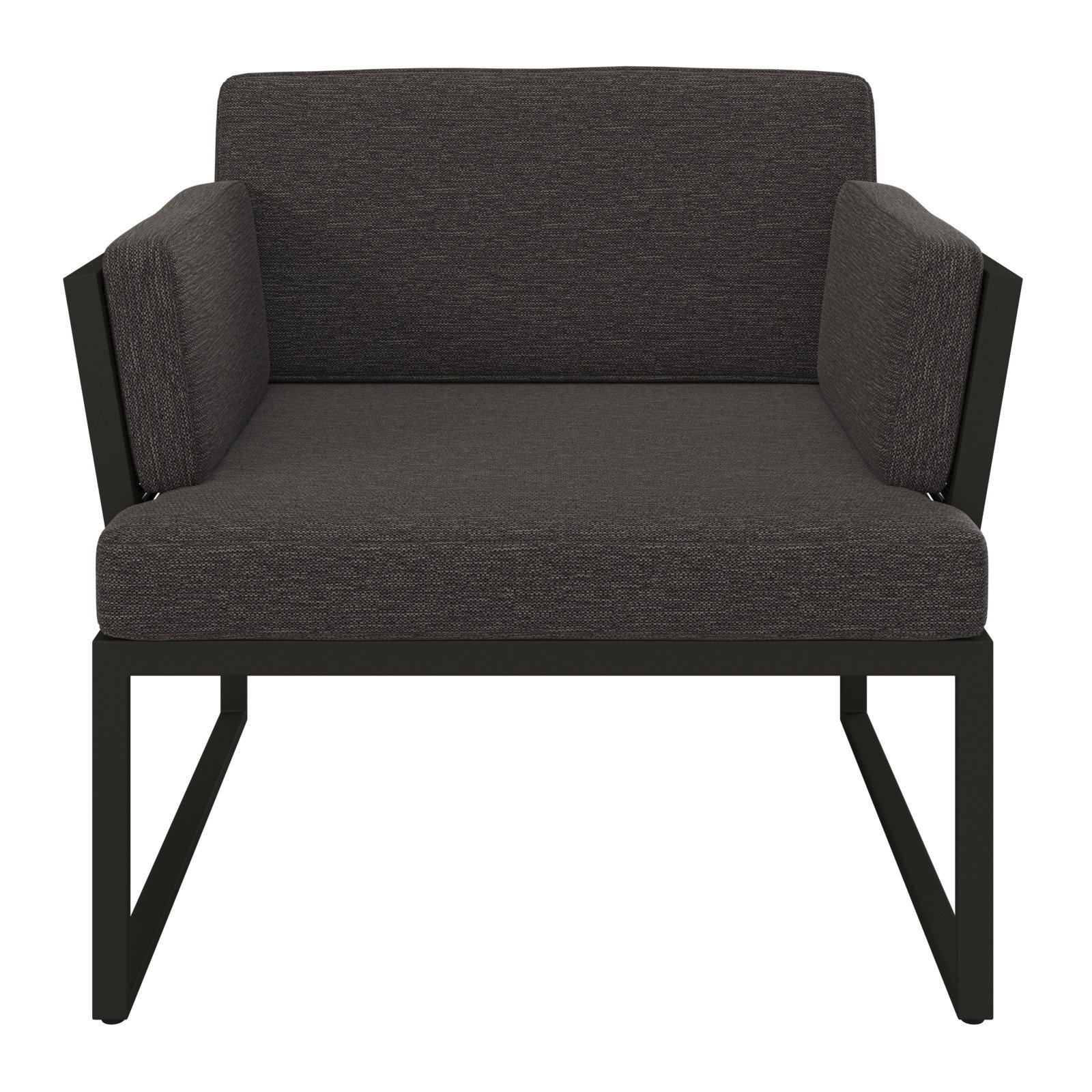 Frontansicht eines modernen Loungesessels mit dunklem Stoffbezug und Metallrahmen.