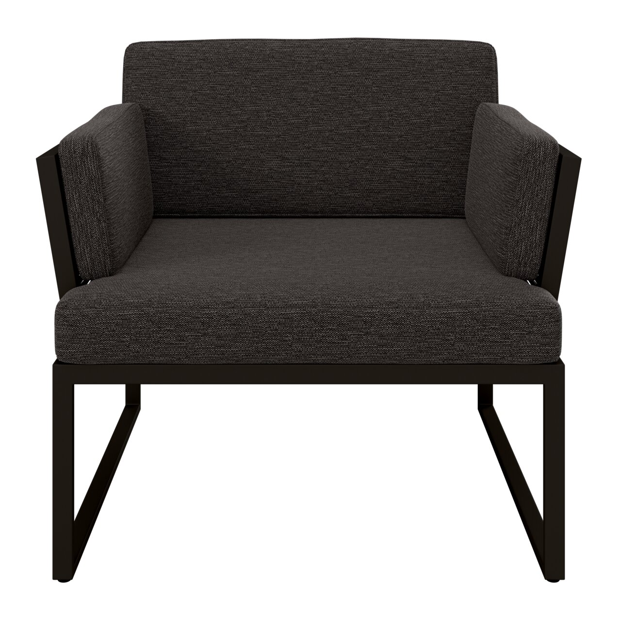 Frontansicht eines modernen Loungesessels mit dunklem Stoffbezug und Metallrahmen.