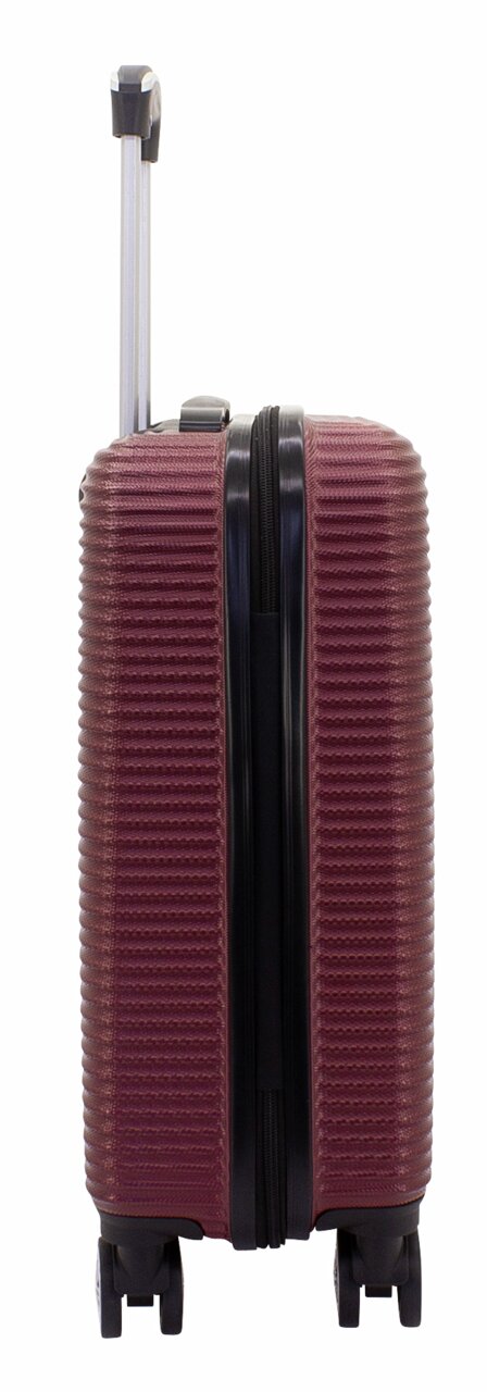 Burgunderfarbener Trolley, seitliche Ansicht, mit ausziehbarem Griff und vier Rollen.