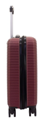 Burgunderfarbener Trolley, seitliche Ansicht, mit ausziehbarem Griff und vier Rollen.