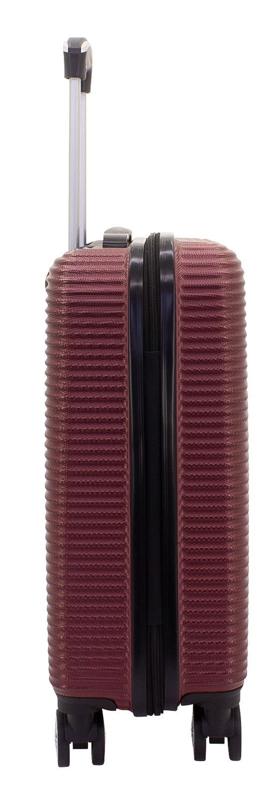 Burgunderfarbener Trolley, seitliche Ansicht, mit ausziehbarem Griff und vier Rollen.