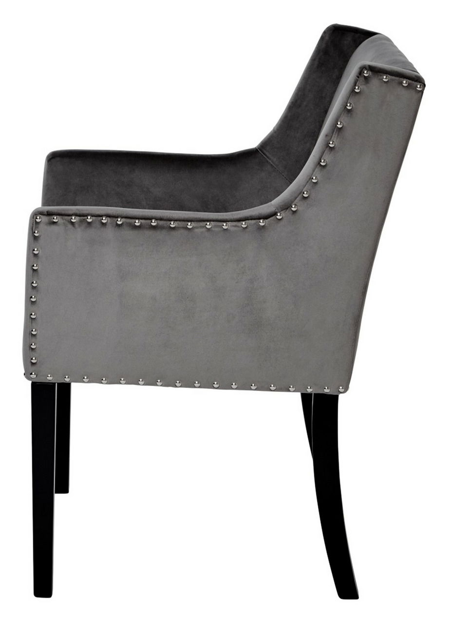 Grauer Stuhl mit Nietenverzierung, seitliche Perspektive