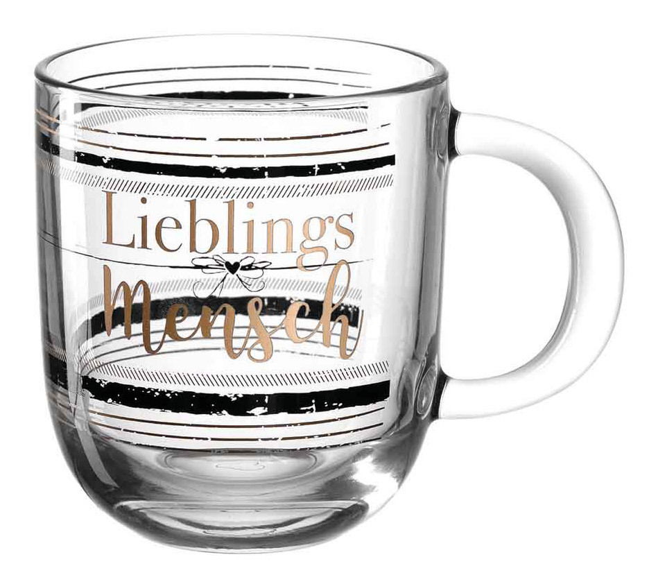 Glas-Tasse mit der Aufschrift 'Lieblingsmensch' in goldener Schrift, seitliche Perspektive