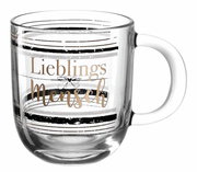 Glas-Tasse mit der Aufschrift 'Lieblingsmensch' in goldener Schrift, seitliche Perspektive