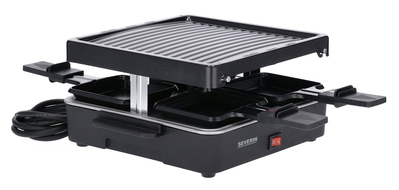 Raclette-Grill mit vier Pfännchen, seitliche Perspektive