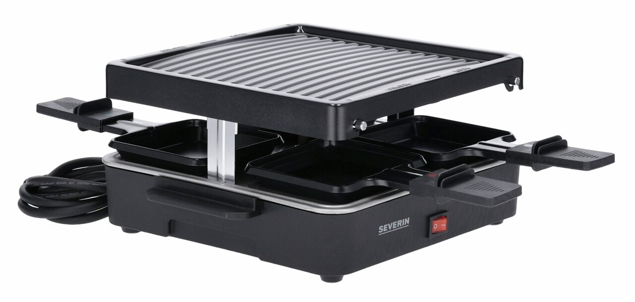 Raclette-Grill mit vier Pfännchen, seitliche Perspektive