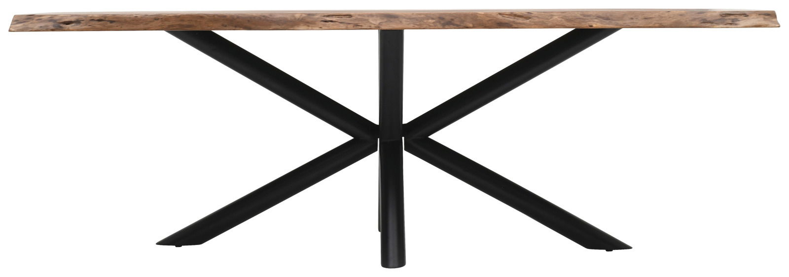 Moderner Esstisch mit Holzplatte und schwarzem Metallgestell, seitliche Perspektive