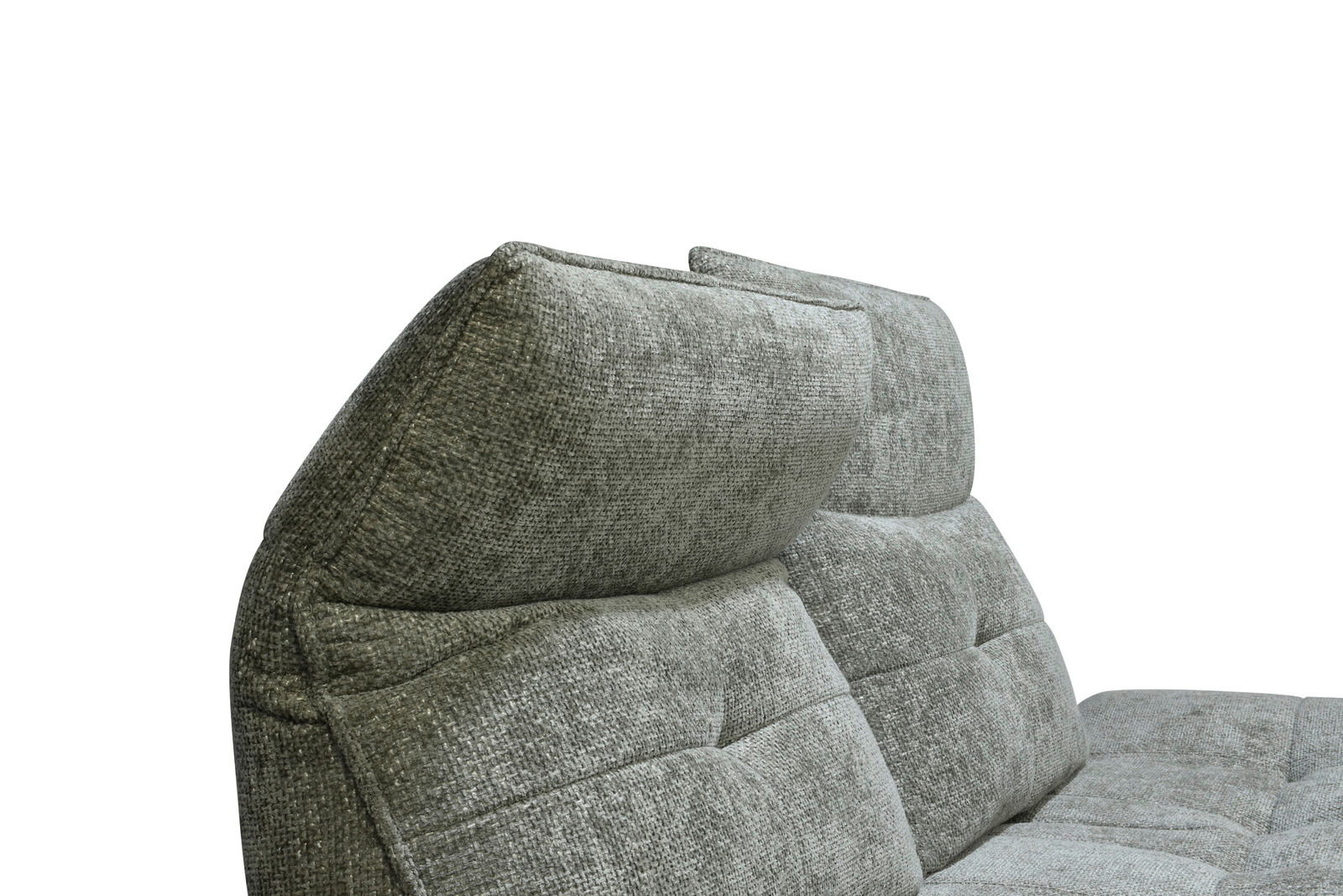 Nahaufnahme einer grauen Polstergarnitur mit verstellbaren Kopfstützen, seitliche Perspektive