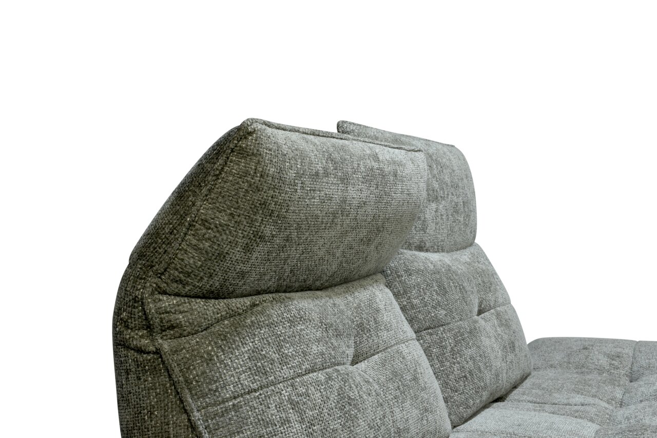 Nahaufnahme einer grauen Polstergarnitur mit verstellbaren Kopfstützen, seitliche Perspektive