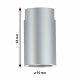 Silberne zylindrische Deckenfassung mit den Maßen 96 mm Höhe und 55 mm Durchmesser, seitliche Ansicht.