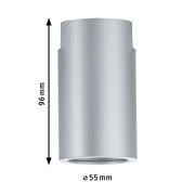 Silberne zylindrische Deckenfassung mit den Maßen 96 mm Höhe und 55 mm Durchmesser, seitliche Ansicht.